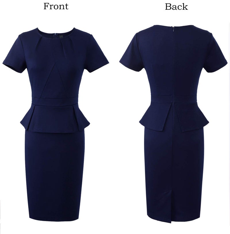 VFSHOW Womens Dark Blue Pleated Crew Neck Peplum Work Business Office Church Bodycon Pencil Sheath Dress 3593 BLU M - Image 3
